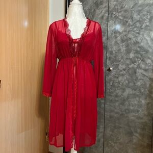 Elegant Set Sexy Red Lace Trim Robe